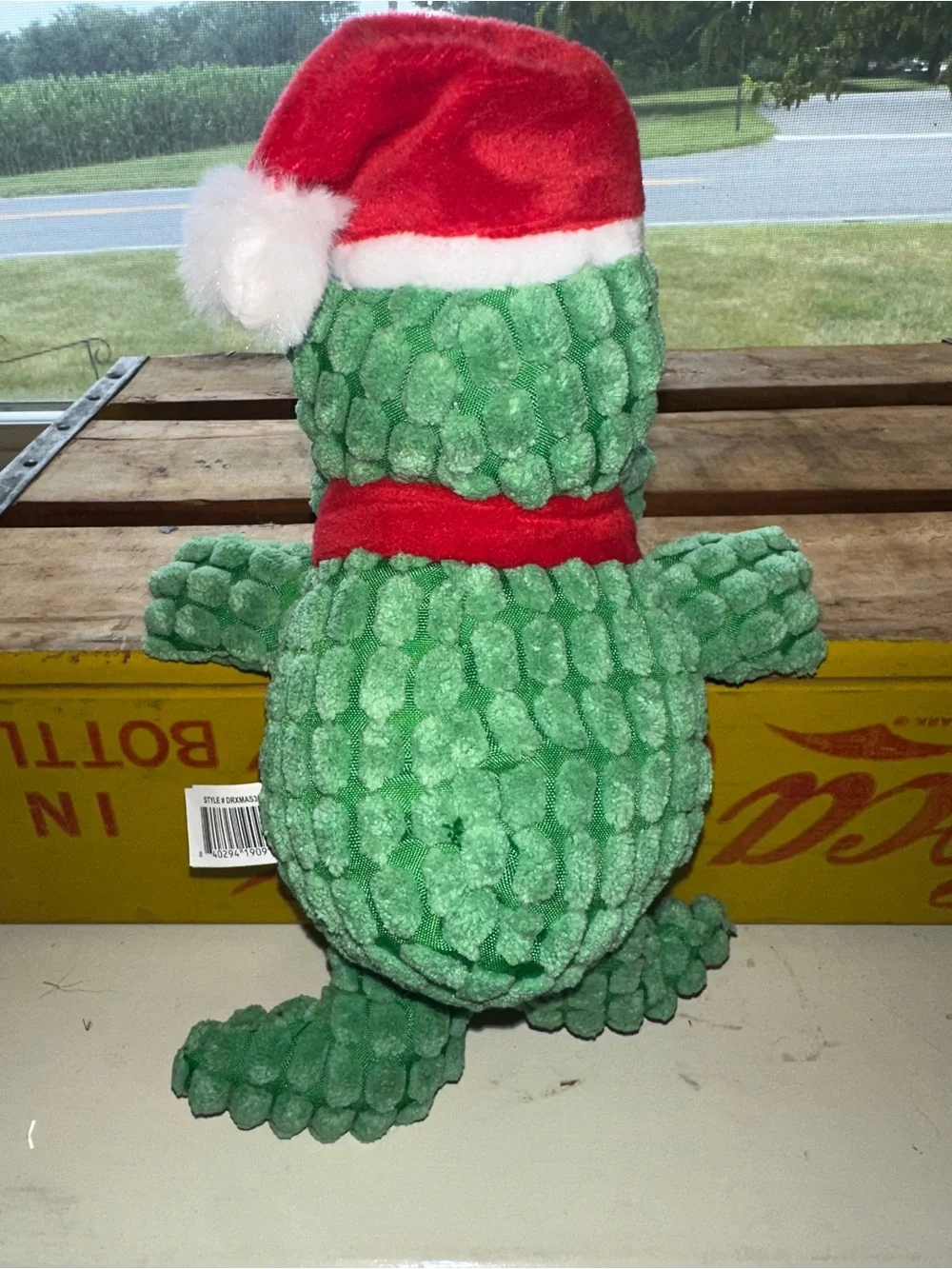 Green Plush Alligator Dog Toy with Red Santa Hat - Soft Chew Toy